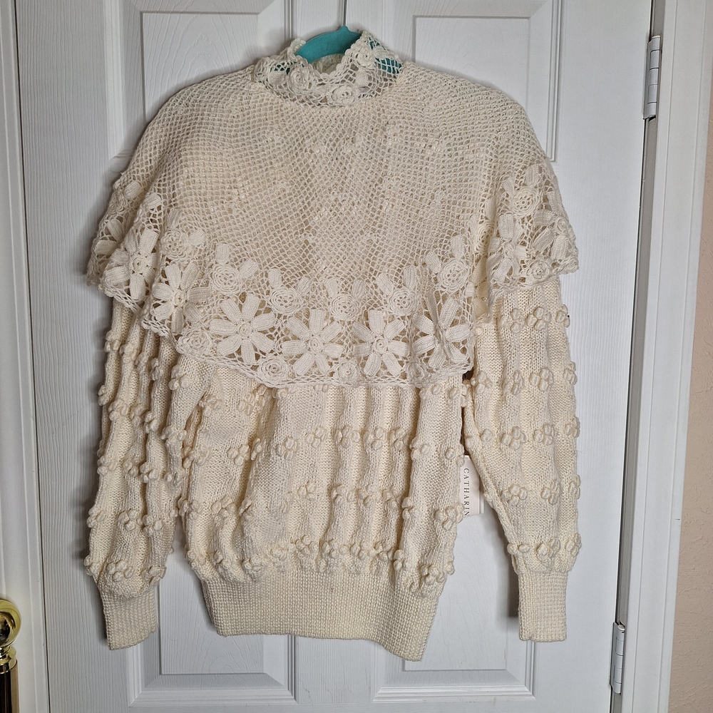 Vintage Catherine Lover Cream Floral Hand Knit Sweater Size Large NWT
